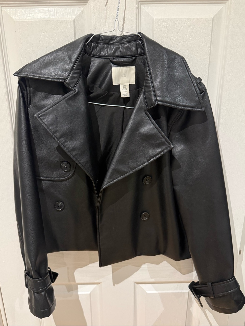 H&M Black Faux Leather Double-Breasted Cropped Trench Jacket